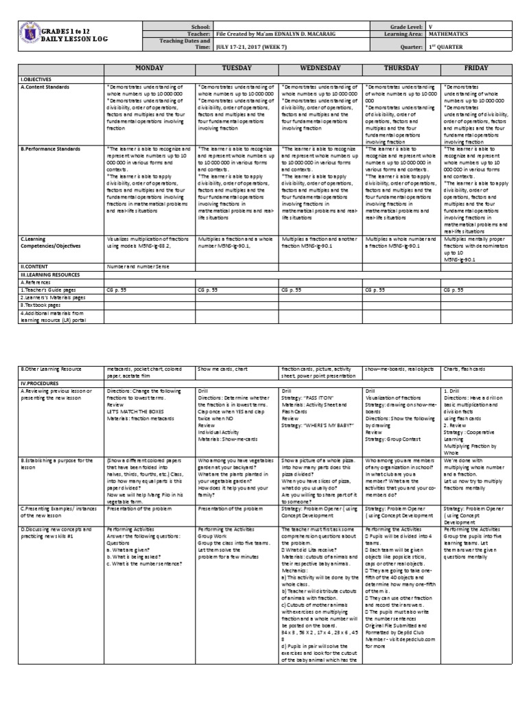 Daily Math Lesson Plan for Grades 1-12 | PDF | Multiplication | Cognition