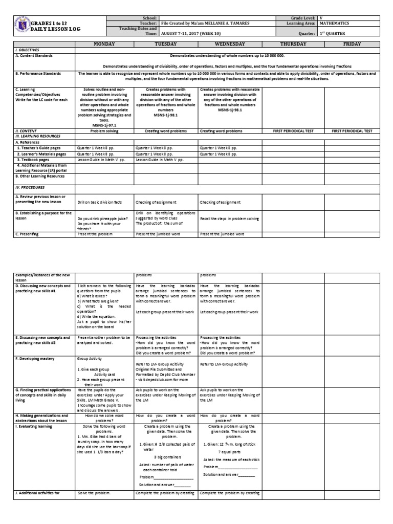 Grade 5 Math Lesson Plan Week 10 | PDF | Mathematics | Learning