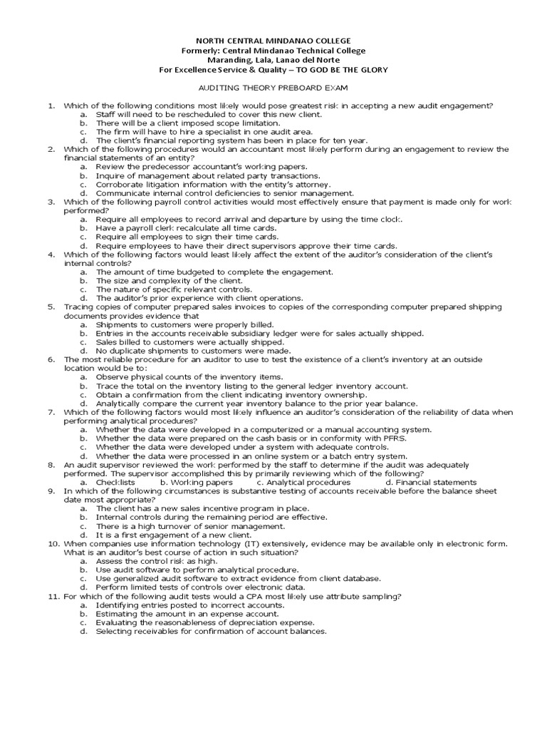 Auditing Theory Preboard Exam Questions | PDF | Financial Audit | Audit