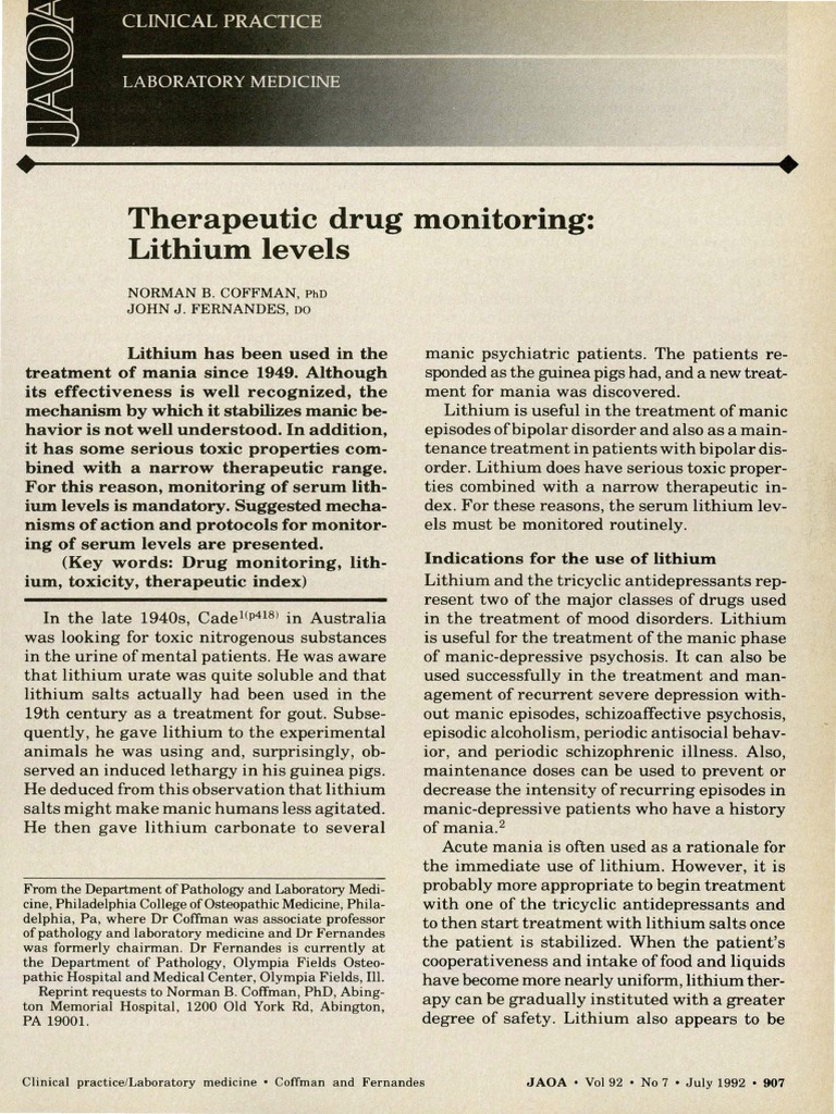 Therapeutic Drug Monitoring Lithium Levels PDF Mania Bipolar