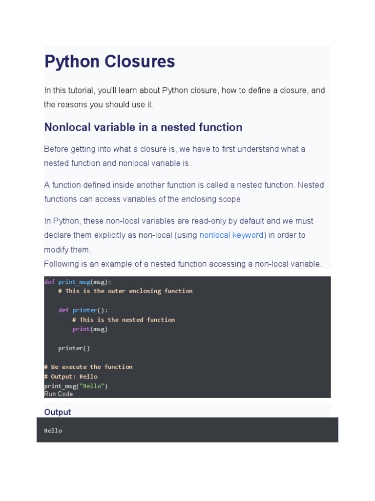Python Closures: Nonlocal Variable in A Nested Function | PDF ...