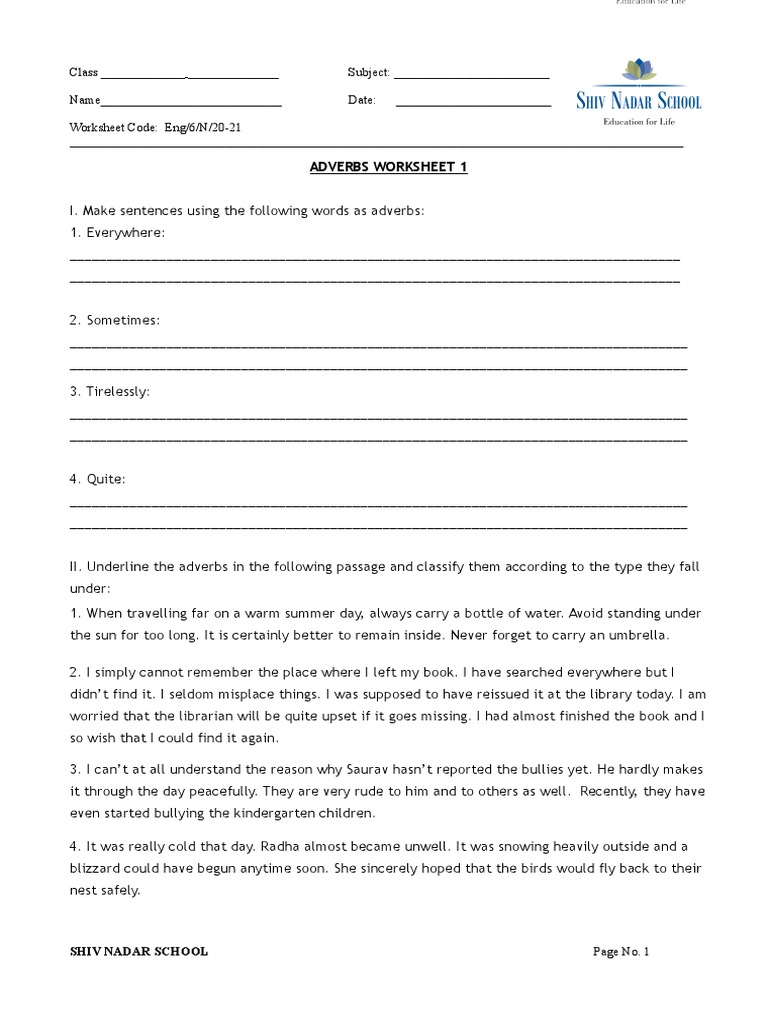 Adverbs Worksheet 1 | PDF