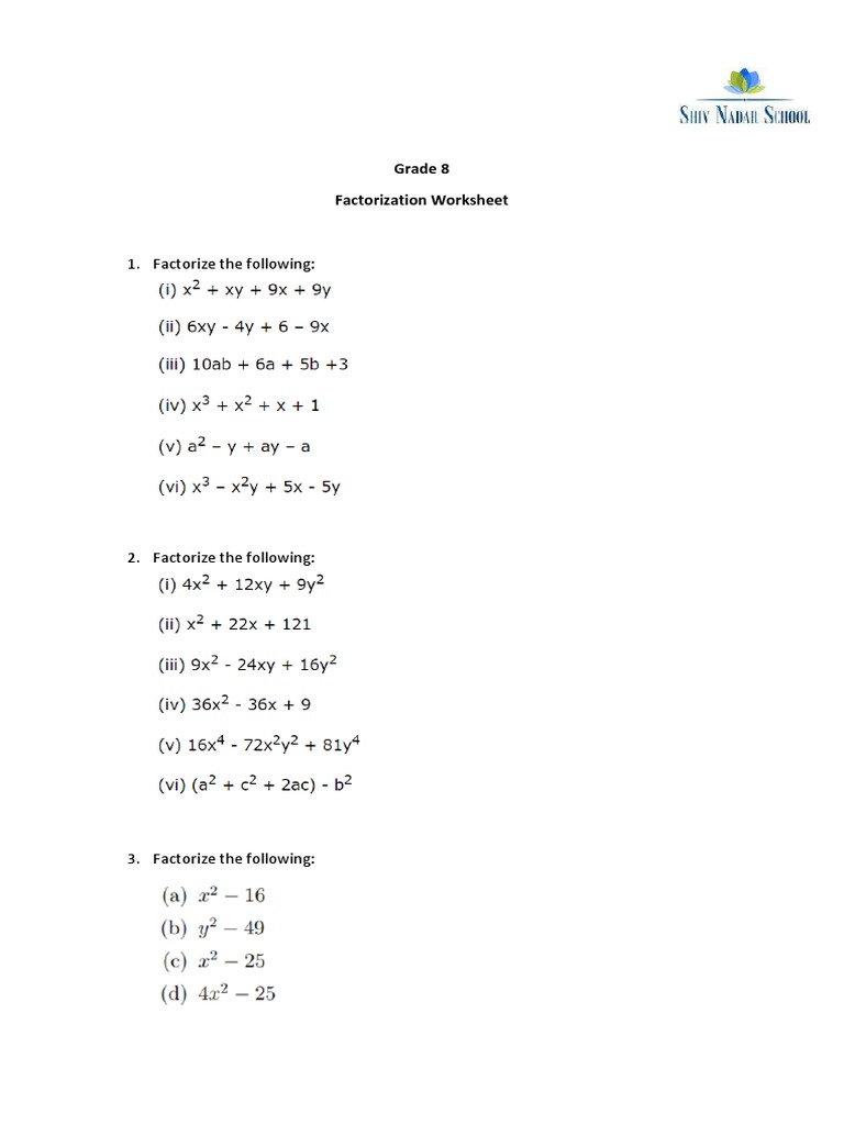 Grade 8 Factorization Worksheet PDF
