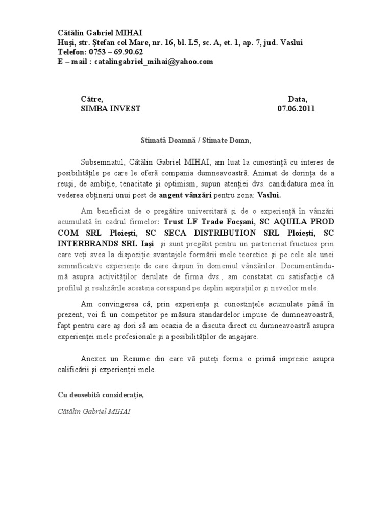 scrisoare de intentie