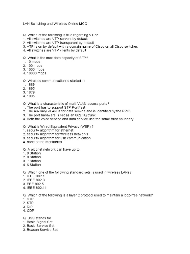 LAN Switching and Wireless Online MCQ PDF Wireless Lan Computer
