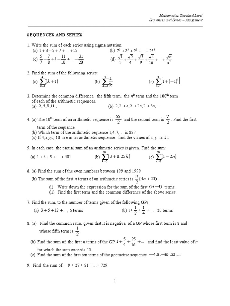 Tutorial Questions - Sequence and Series | Series (Mathematics) | Infinity