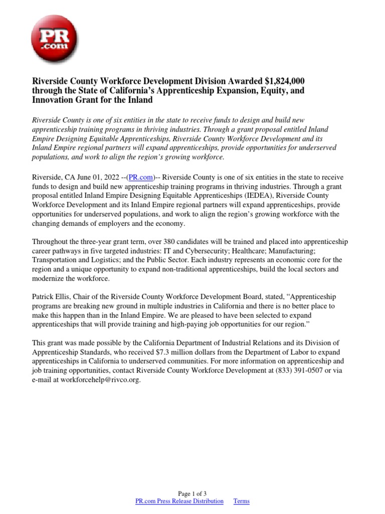 Riverside County Workforce Development Division Awarded $1,824,000 ...