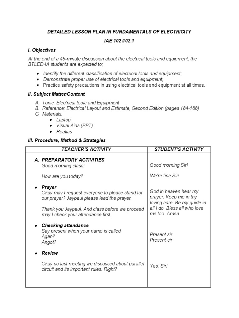 Lesson Plan: Electrical Tools Overview | PDF | Screw | Wire
