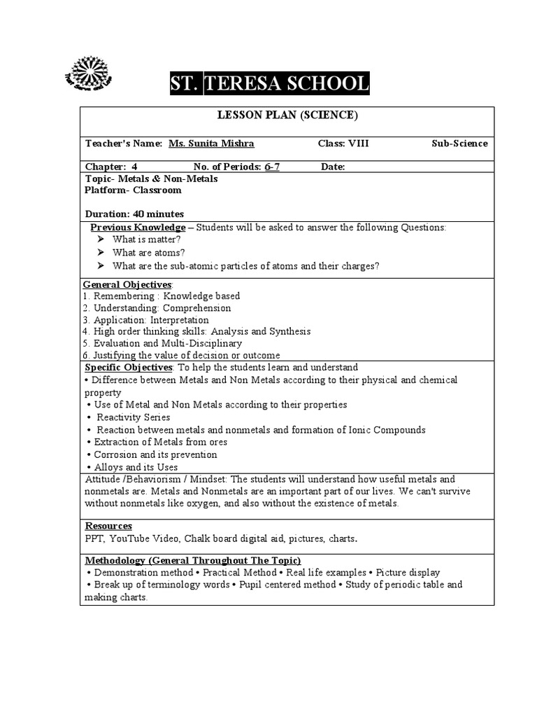 Lesson Plan Metals and Non-Metals Class 8 | PDF | Metals | Alloy