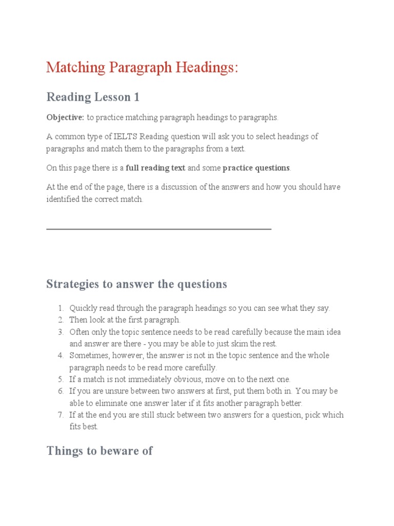 Matching Paragraph Headings Reading Lesson 1 PDF Room Paragraph