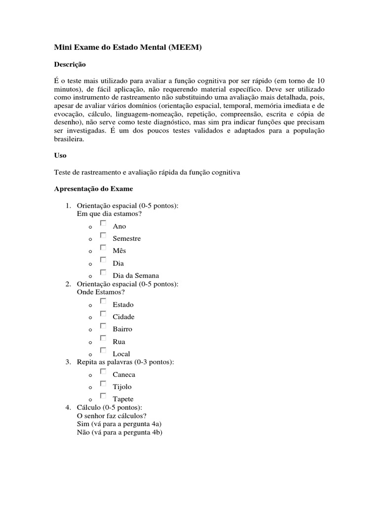 MEEM Avalia Teste Cognição | PDF | Cognição