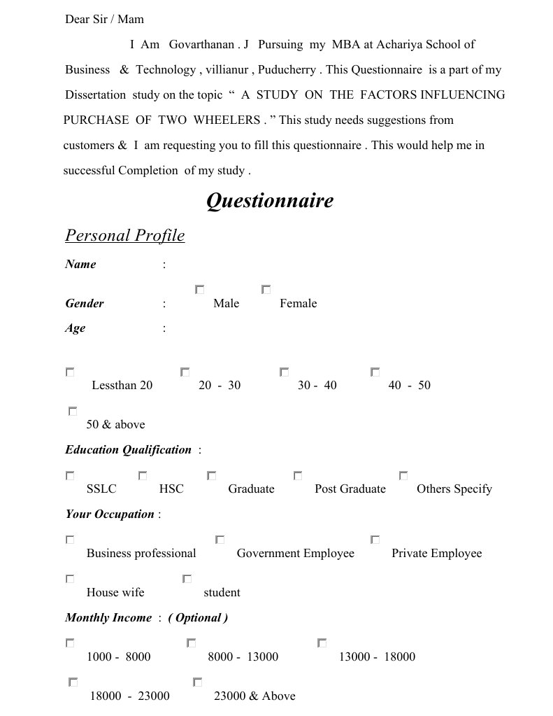 Questionnaire Personal Profile Brand Business