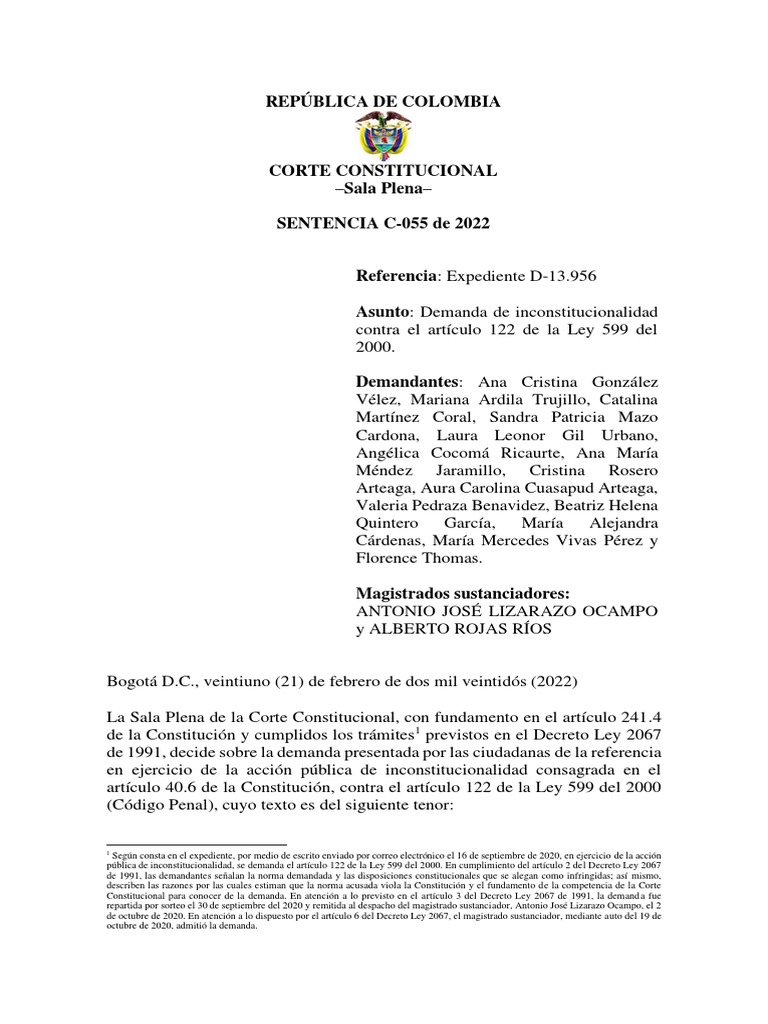 Sentencia C-055 de 2022. Expediente D-13.956 -Despenalización aborto