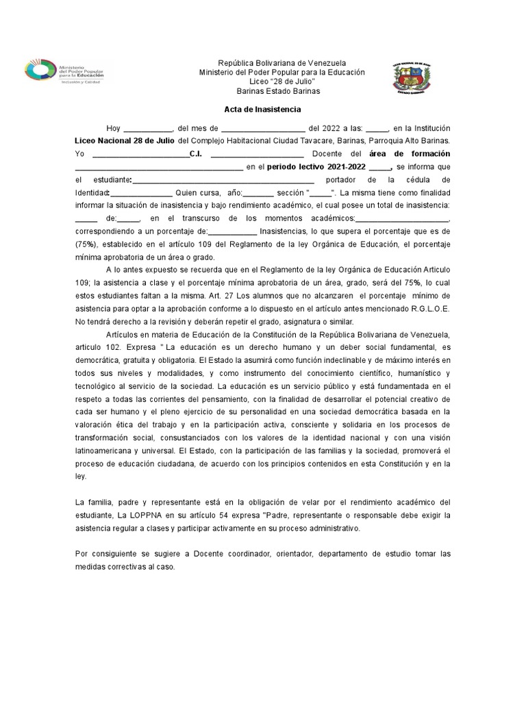 Acta de Inasistencia Escolar en Venezuela | PDF | Democracia ...