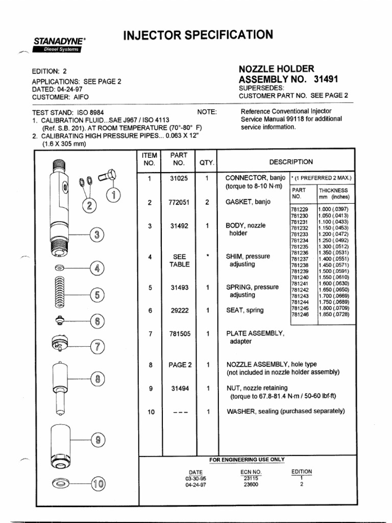 Injector Specification Stanadyne" S. Nozzle Holder PDF Equipment