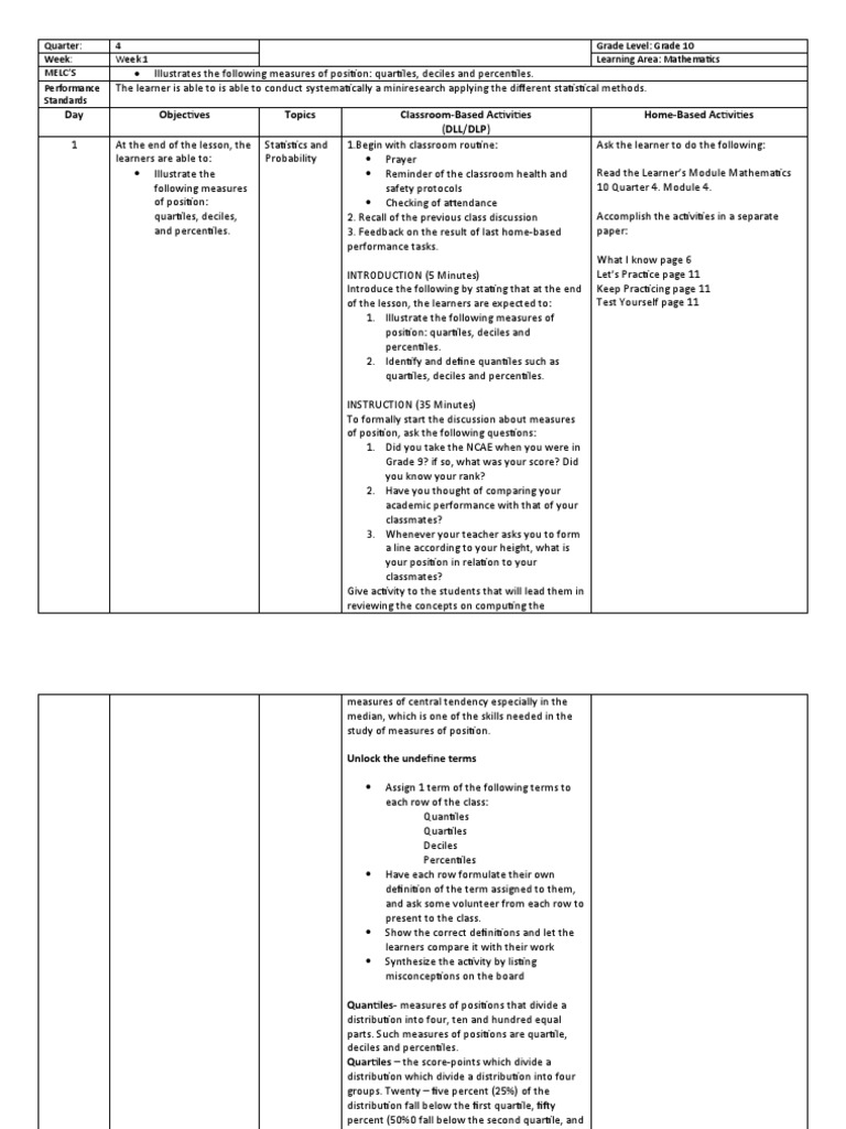 Grade 10 Math: Measures of Position | PDF