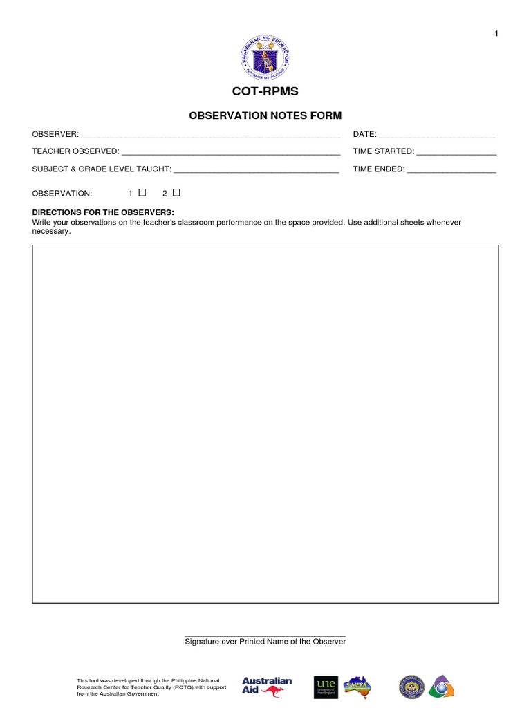 COT-RPMS Observation Notes Form | PDF