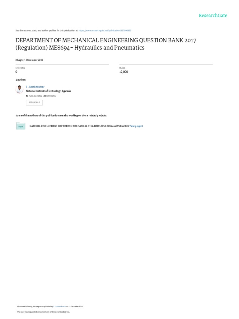 Department of Mechanical Engineering Question Bank 2017 (Regulation) ME8694Hydraulics and