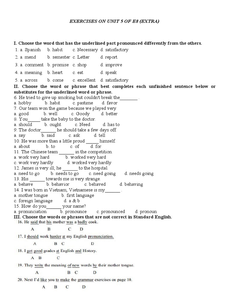 Unit 5 E8 Exercises: Pronunciation & Grammar | PDF | Ellipsis | English ...