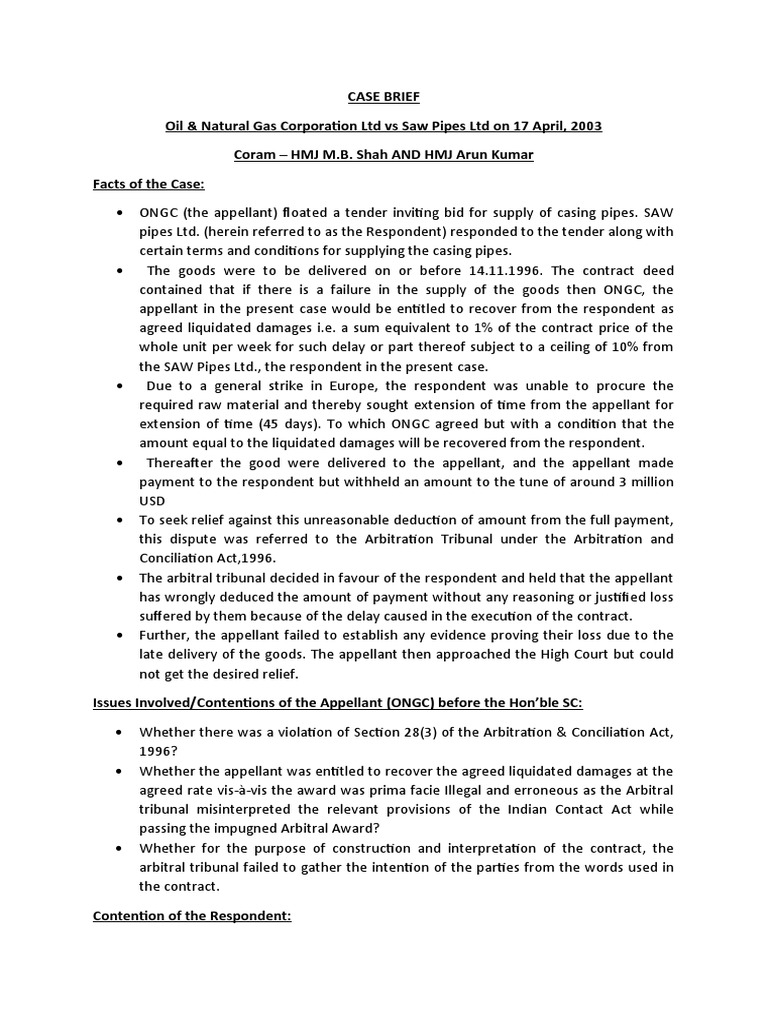 CASE BRIEF (Saw Pipes) PDF Liquidated Damages Breach Of Contract