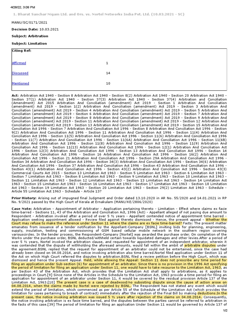 Limitation For Filing Section 11 Petition Case Note PDF