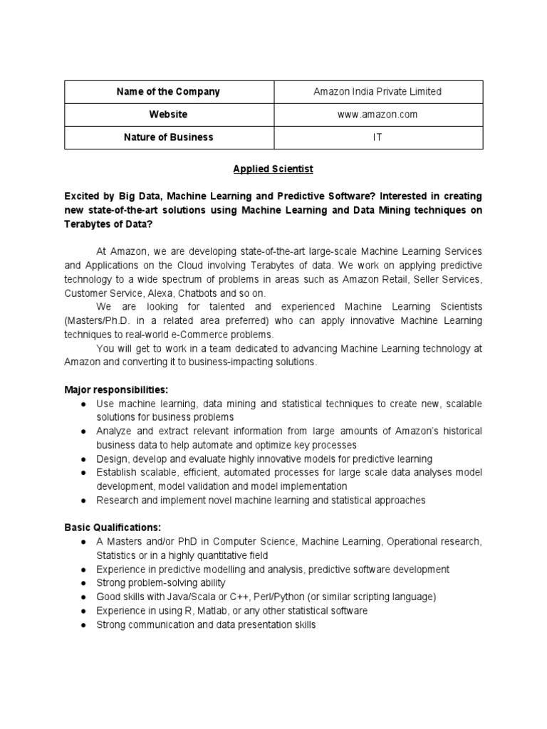 Amazon Applied Scientist PDF Machine Learning Data Mining