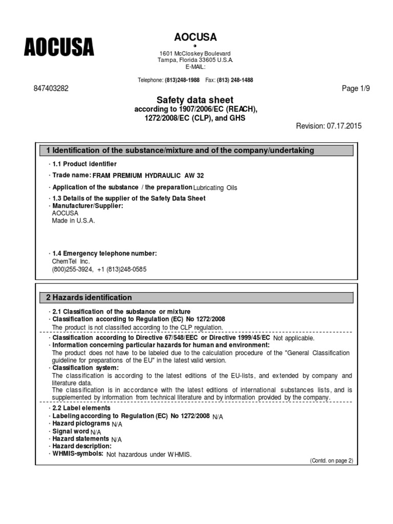 Safety Data Sheet for FRAM Premium Hydraulic AW 32 Hydraulic Oil PDF Occupational Safety And