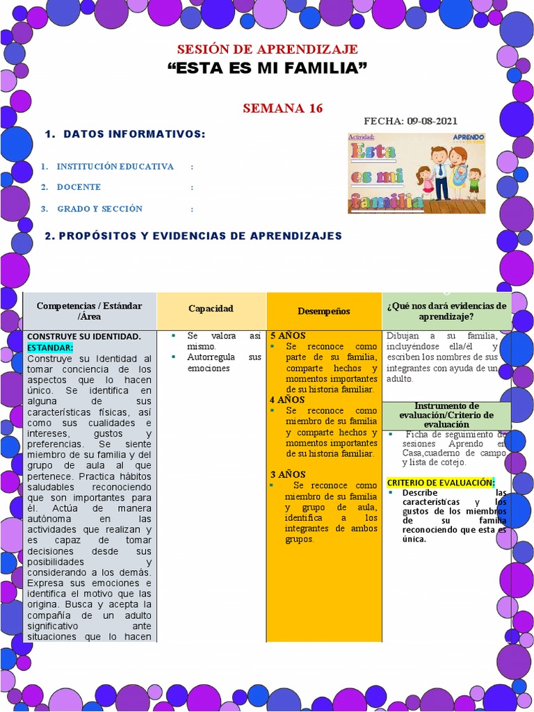 Sesion de Esta Es Mi Familia | PDF | Evaluación | Aprendizaje