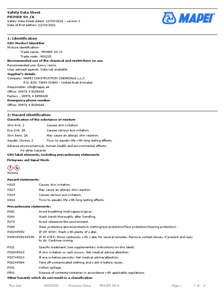Safety Data Sheet for PRIMER SN /A Epoxy Resin Mixture Detailing