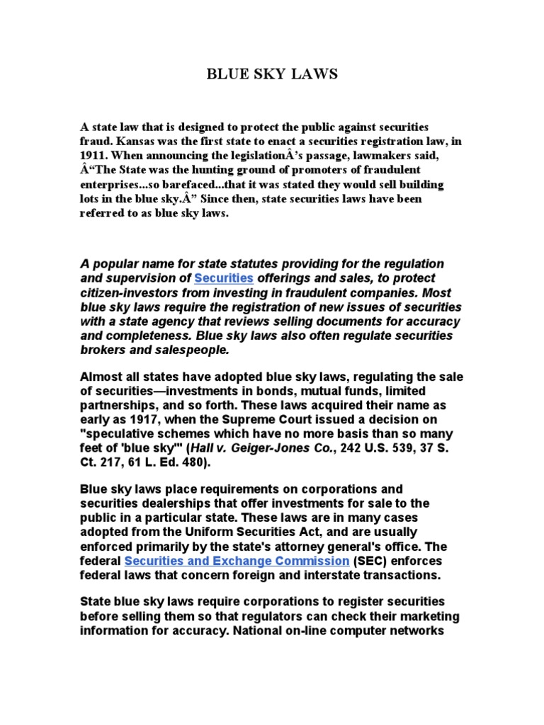 Blue Sky Laws PDF Securities Regulation In The United States