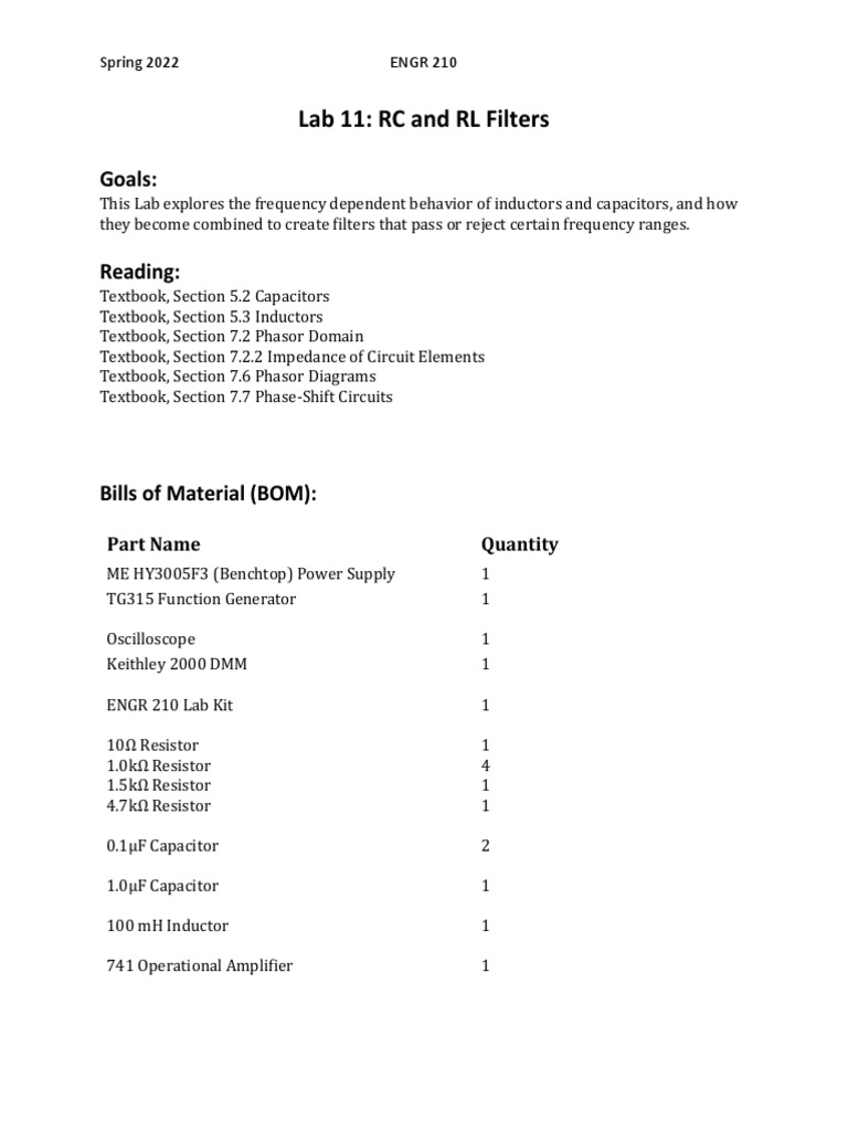 Lab 11 RC and RL Filters PDF Amplifier Electronic Filter