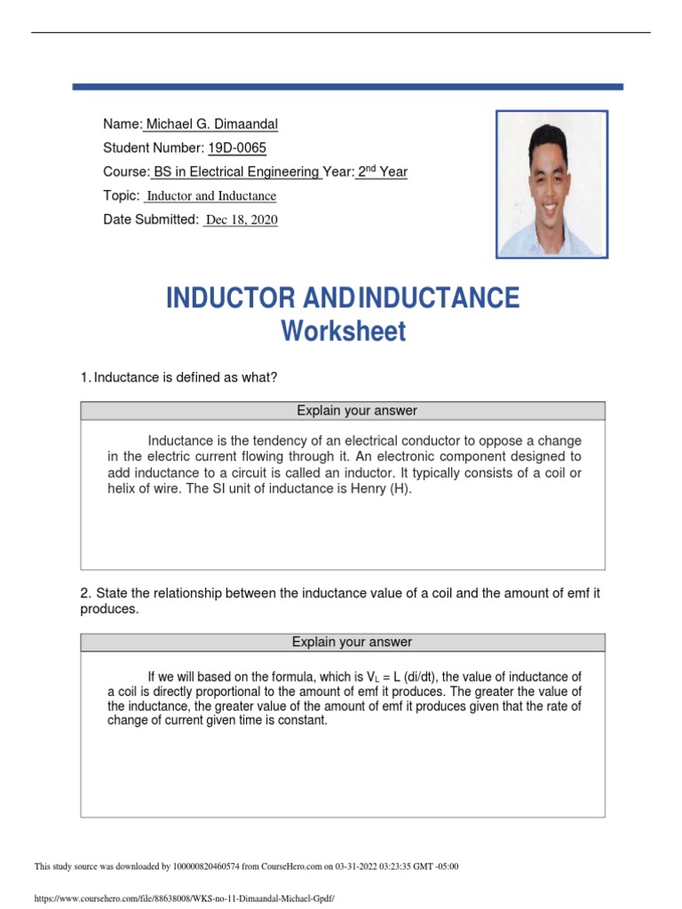 Inductor and Inductance Worksheet PDF Inductance Inductor