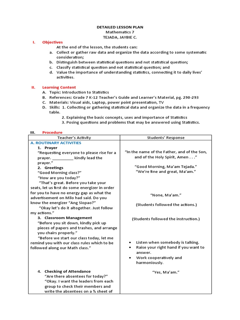 Statistics Lesson Plan for Grade 7 | PDF | Statistics | Lesson Plan