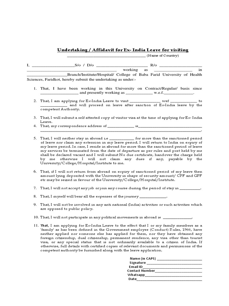 Undertaking Affidavit Ex India Leave | PDF | Travel Visa | Citizenship