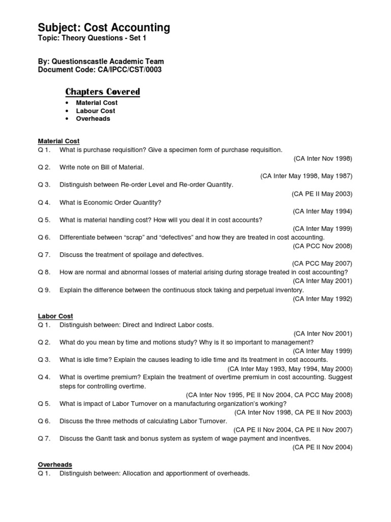 Cost Accounting Theory Questions Set 1 | PDF | Labour Economics ...