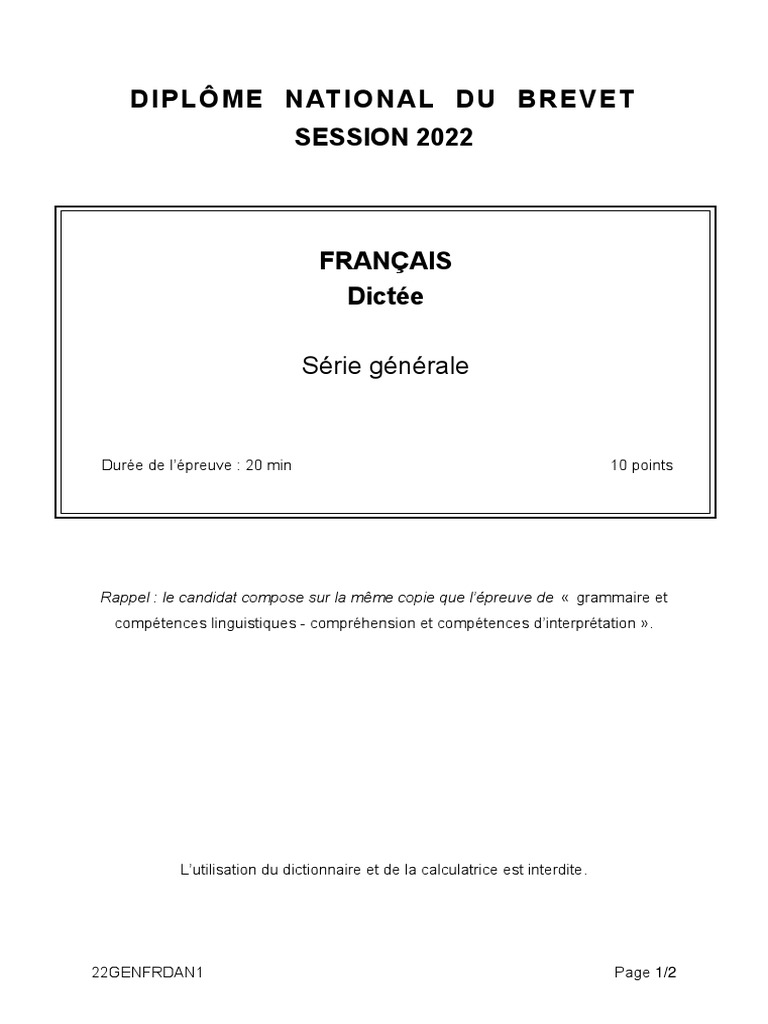 Sujet Brevet Histoire Amérique Du Nord 2022 Sujet Brevet-2022 Français-Dictée-Amérique Du Nord | PDF