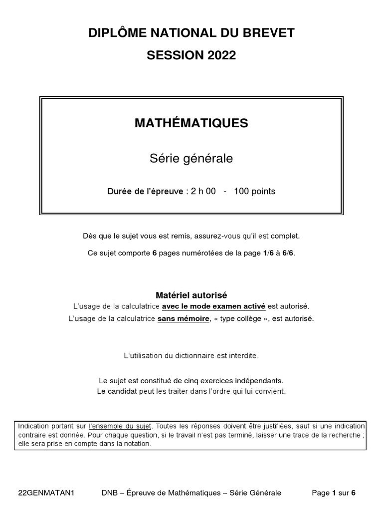 Sujet Brevet Maths 2022 Pdf Corrigé Sujet Brevet-2022 Mathématiques-Amérique Du Nord | PDF | Entier naturel |  Mathématiques