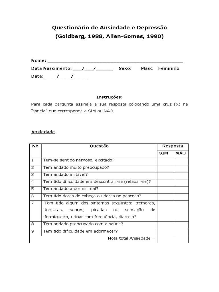 Questionário de Ansiedade e Depressão | PDF | Psiquiatria | Depressão