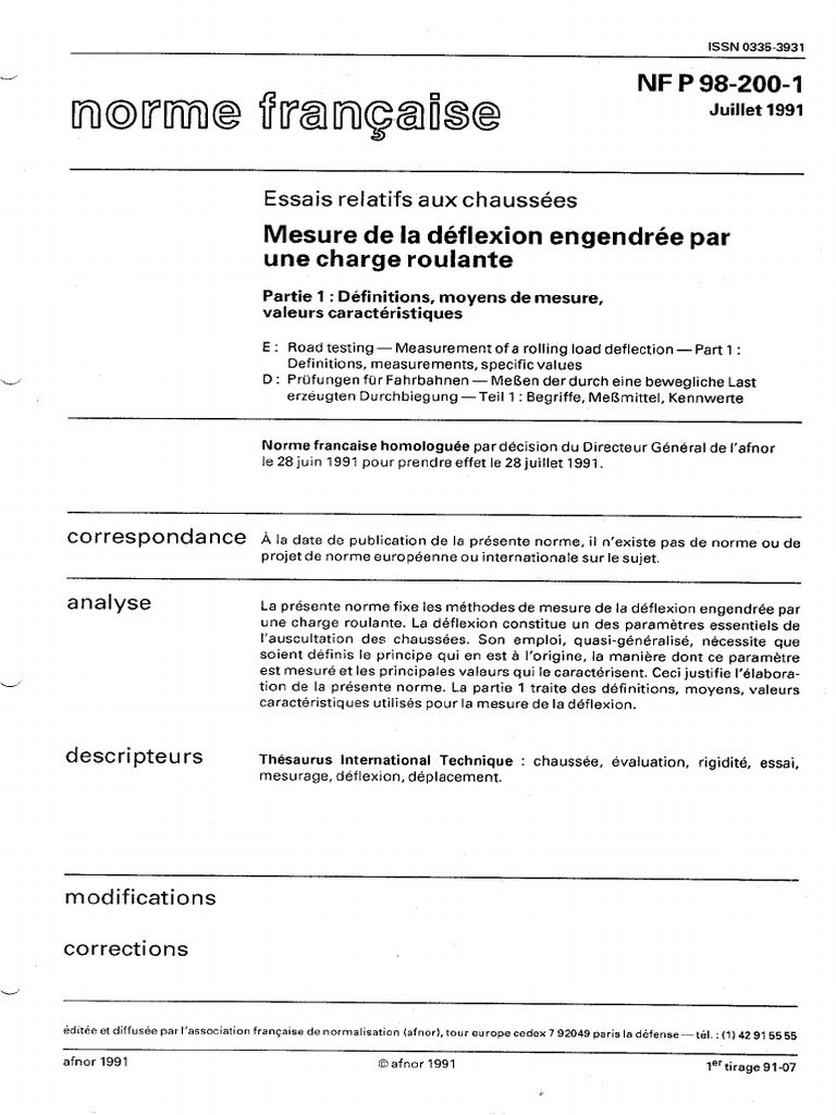 NF P 98-200-1 - Déflexion Par Une Charge Roulante - Définition | PDF
