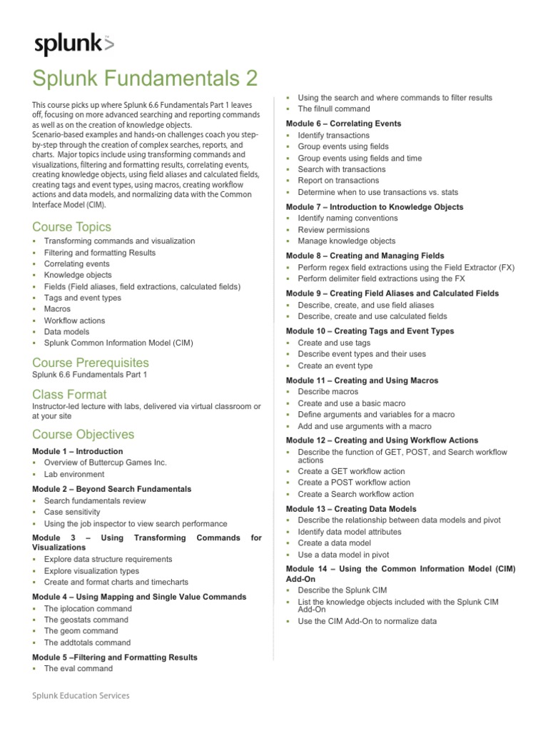 Splunk Fundamentals 2 Course Topics PDF Information Age Data