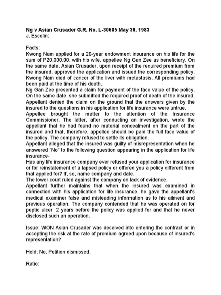 Concealment Cases in Insurance PDF Insurance Life Insurance