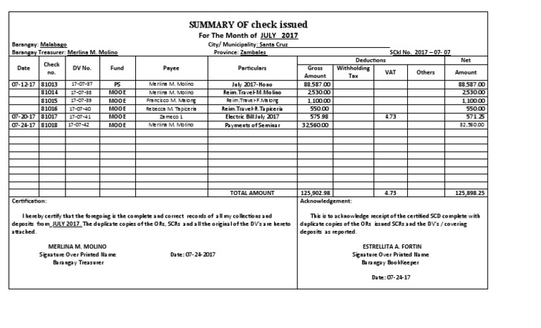 Summary of Check Issued JULY 2017 | PDF | Government Finances | Payments