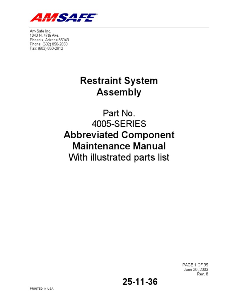 Am-Safe Restraint System Manual 4005 | PDF | Seat Belt | Combustion