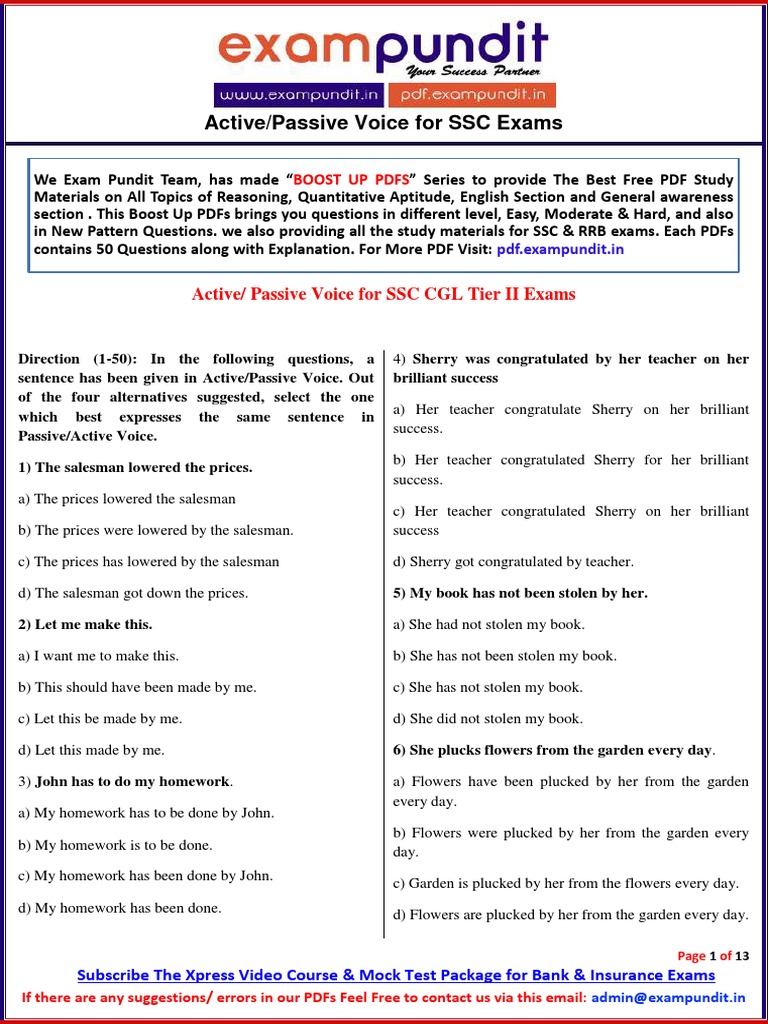 Active/Passive Voice for SSC CGL Exams | PDF | Verb | Grammatical Tense
