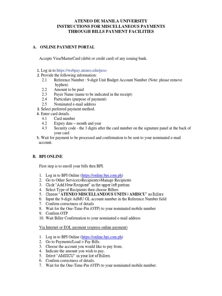 UPDATED-ADMU Bills Payment Instructions For Miscellaneous Fees | PDF ...