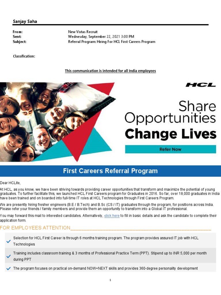 Hiring For HCL First Careers Program PDF Computing