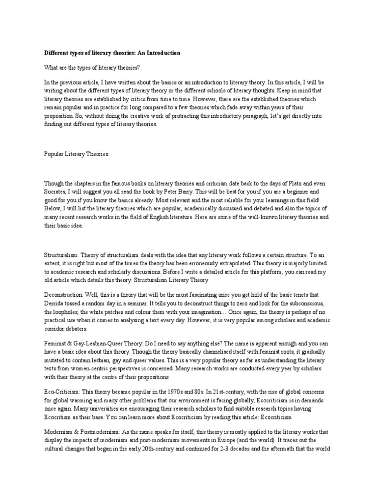 Different Types of Literary Theories PDF Literary Theory Narrative