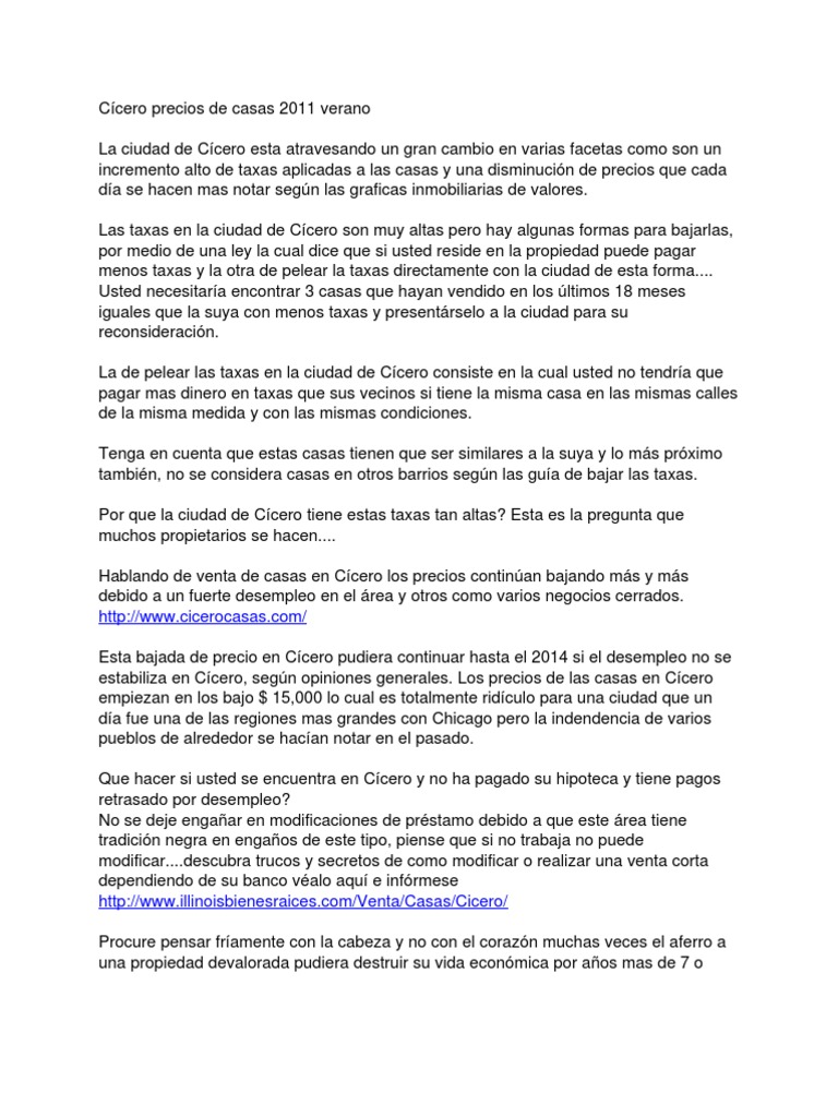 Cicero Venta de Casas Bajan Debido Altos Impuestos PDF Impuestos