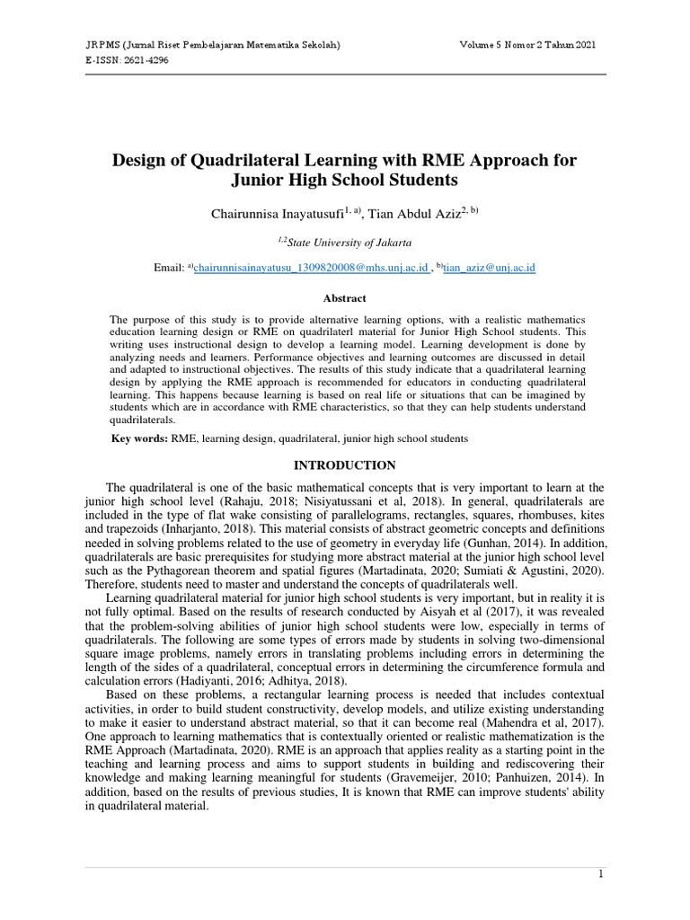 Design of Quadrilateral Learning With RME Approach For Junior High ...