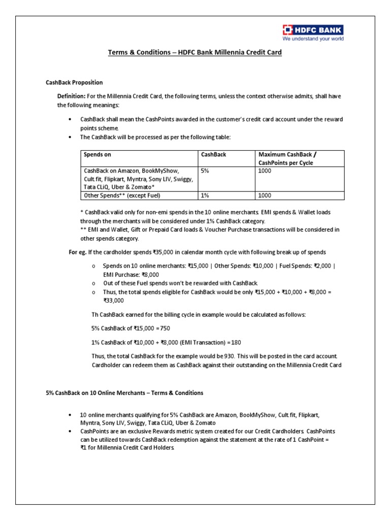 Terms &amp; Conditions - HDFC Bank Millennia Credit Card | PDF 